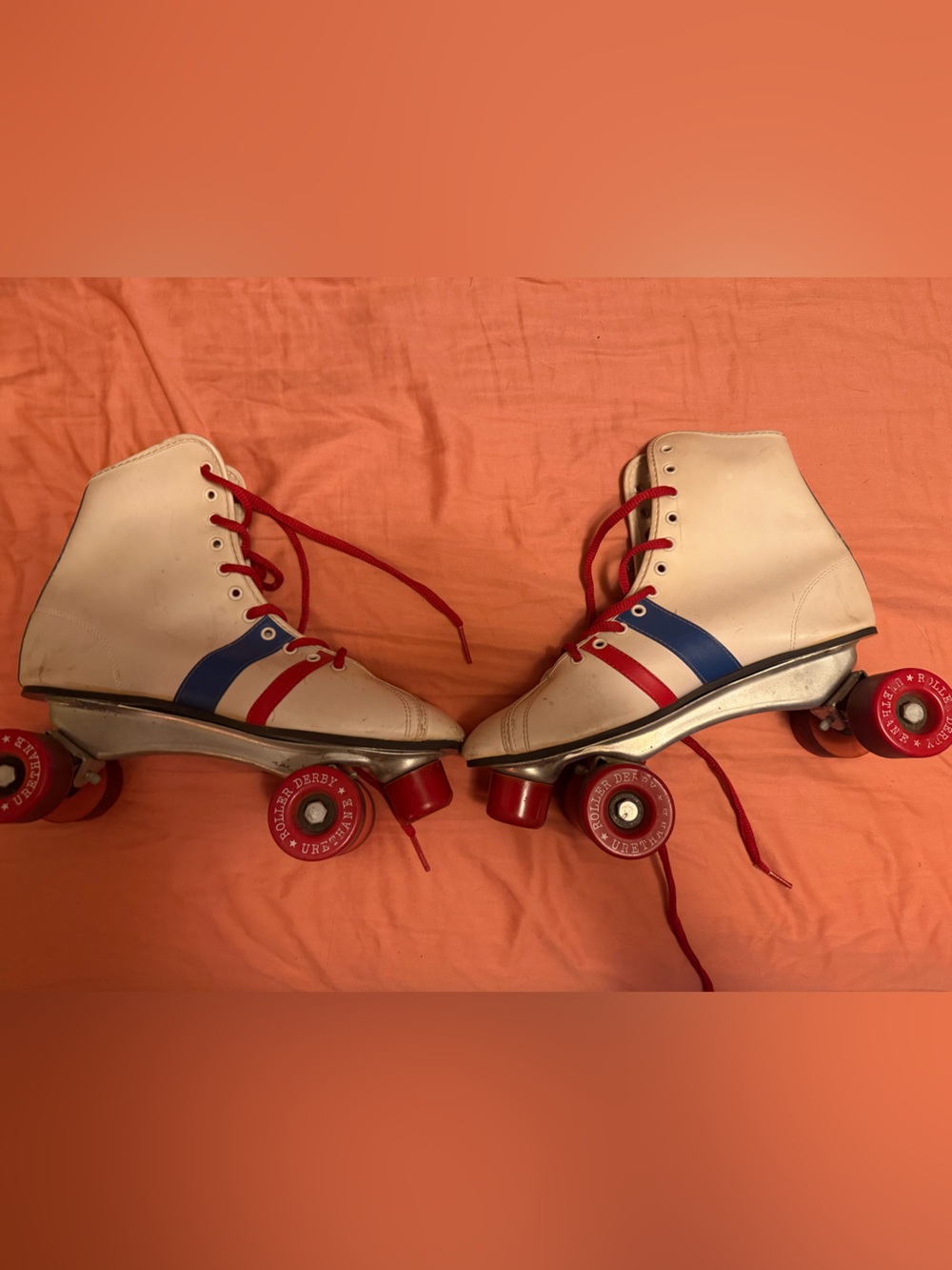 Vintage 1970’s-80’s White High-Top Roller Skates with Red & Blue Stripe Accents